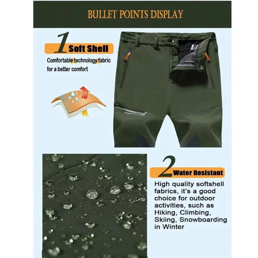 Men's Fleece Lined Ski Pants - Water Resistant 4 Zip Pockets